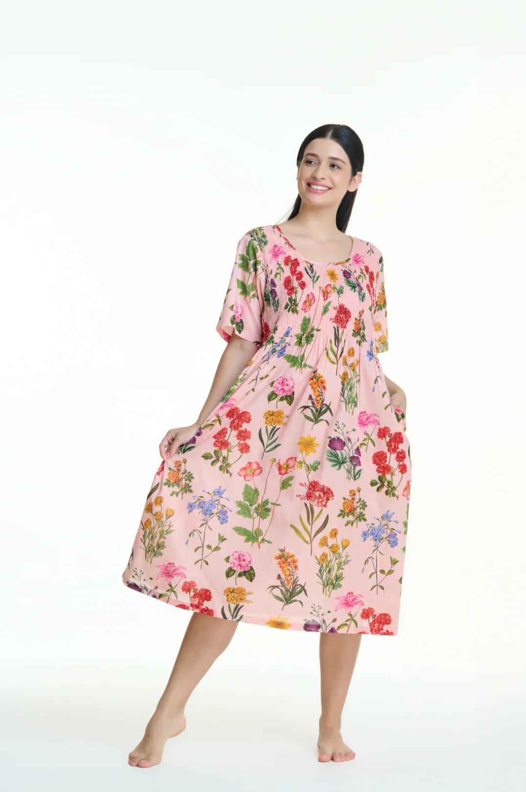 Shirred Bodice Pink Floral Nightie - Image 3